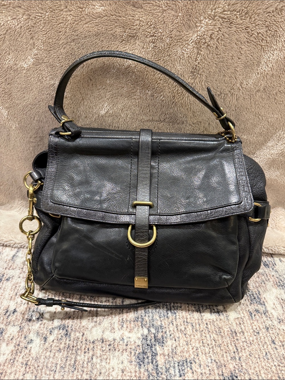 Coach Pinnacle Eva Satchel Black Leather Shoulder Bag with Gold-Tone Hardware